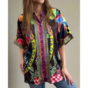 Johnny Was The Audrey Short Sleeve Mandarin Collar Tunic Silk Blouse Small $248